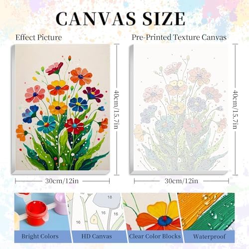 Camocin Framed Paint by Numbers Kit for Adults Beginner - Colorful Easy Flowers Paint by Number Canvas with Frame, Floral DIY Acrylic Painting Kit for Relaxing Home Wall Decor 12x16 Inch