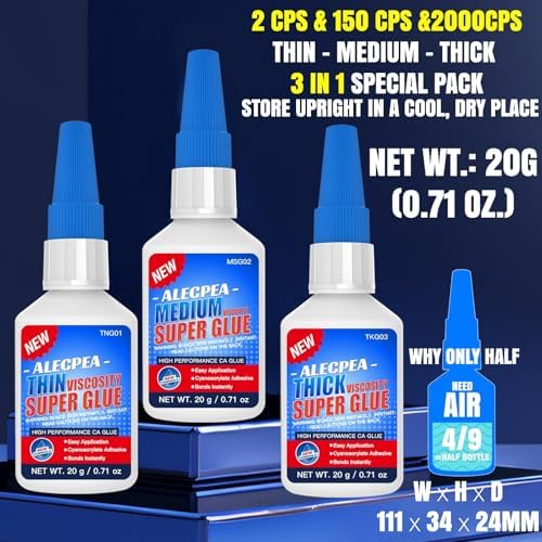 ALECPEA Thin Medium Thick CA Glue, Cyanoacrylate Adhesive, 60g