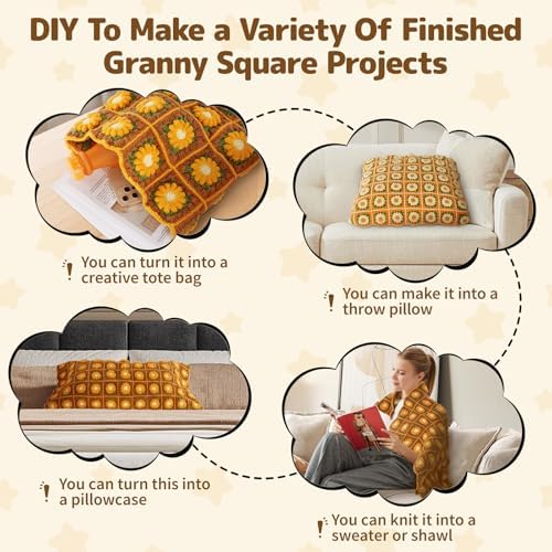 WILSHIN Granny Squares Blanket Crochet Kit for Beginners – Soft Yarns, Detailed Instructions & Step-by-Step Tutorials, Easy Crochet Starter Kit, Craft Gift for Adults (Brown Sunflower)