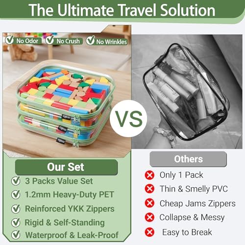 YQBRAO Clear Hard Shell Zipper Cases, 3 Large Travel Organizers, Green