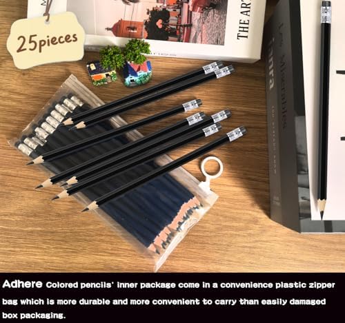 Adhere 25pcs Checking Pencils Erasable colored Pencils Pre-Sharpened #2 HB,for Checking Tests Grading,Map Coloring, editing Office Favors,including a Free sharpener. (Black)