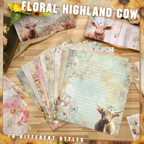TaoBary 160 Pcs Floral Highland Cow Stationery Paper and Envelopes Set