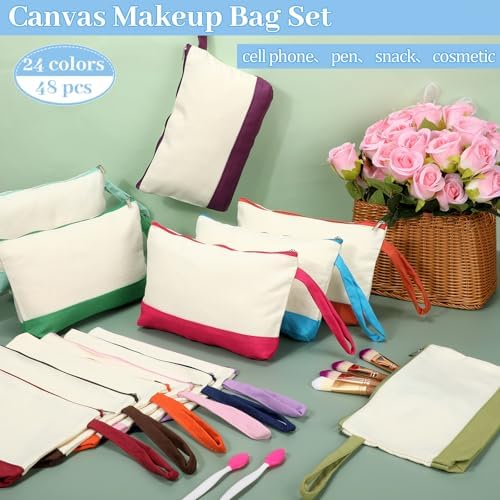 Silkfly 48 Pcs Cotton Canvas Makeup Bags Cosmetic Zipper Bags 10.2 x 5.5 x 2'' Blank DIY Pouch Bulk Pencil Case with Bottom Travel Toiletry Pouch for Women Craft Decor Gift (24 Colors)