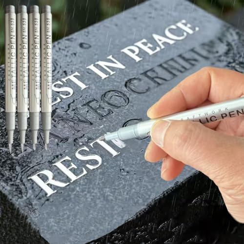 Tombstone Marker Pens Weatherproof Quick-Dry Oil-Based Fine Tip for Restoring Faded Inscriptions on Grave Stones Granite Surfaces，Silver 2PCs Soft nib + 2PCs Hard pen tip
