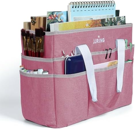 JJRING Craft Organizer Tote Bag Large Art Storage Caddy Pink | With Multiple Pockets For Sewing, Scrapbooking, School, Medical, And Office Supplies