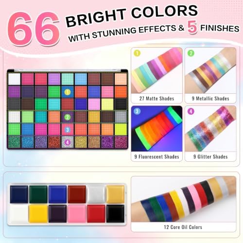 66 Color Face Painting Kit, Water Activated + Oil Face Body Paint Palette