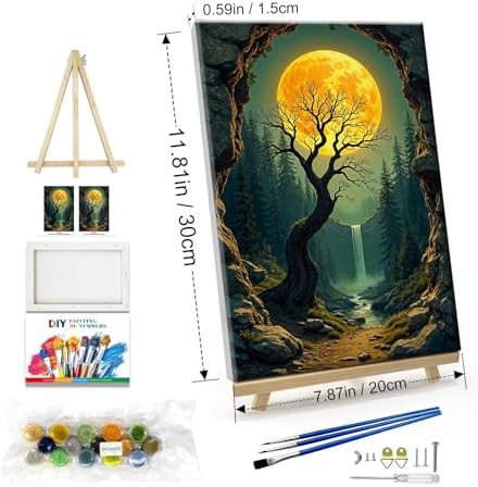 JOOZ Paint by Numbers Kit for Adults with Frame Moon Paint by Number with Easel Tree Adult Paint by Number Kits Framed Canvas Mountain Waterfall Oil Painting Kits for Gift Home Wall Decor 8x12 Inch
