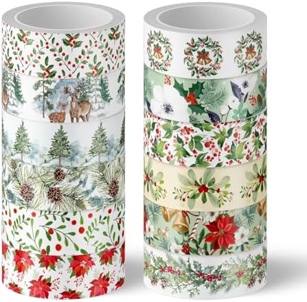 Whaline 12 Rolls Christmas Floral Washi Tape Xmas Watercolor Berry Holly Leaves Pine Cones Elk Bell Plants Masking Tape Winter Holiday Decorative Tape for Scrapbook Journal DIY Craft Gift Wrapping