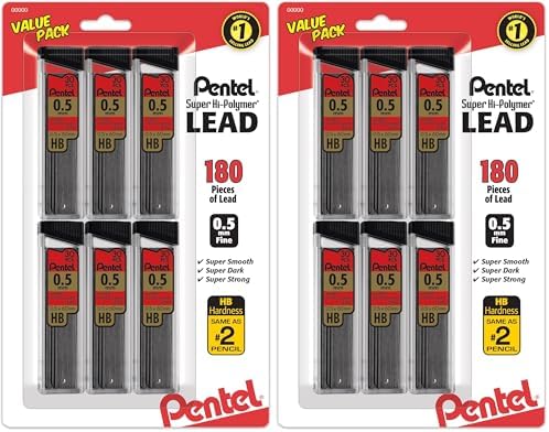 Pentel Super Hi-Polymer Refills, 0.5 mm Fine, HB, 180 Pieces of Lead (C25BPHB6), (Pack of 2)