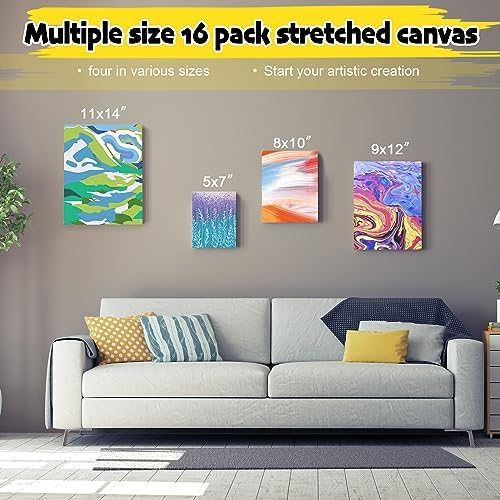 Inburit 12 PCS Multi Size Stretched Blank Canvas for Acrylic & Oil Painting | 12 Pack Canvas Boards for Painting, Art Supplies Paint Canvas, 5x7, 8x10, 9x12, and 11x14 inches (3 of each)