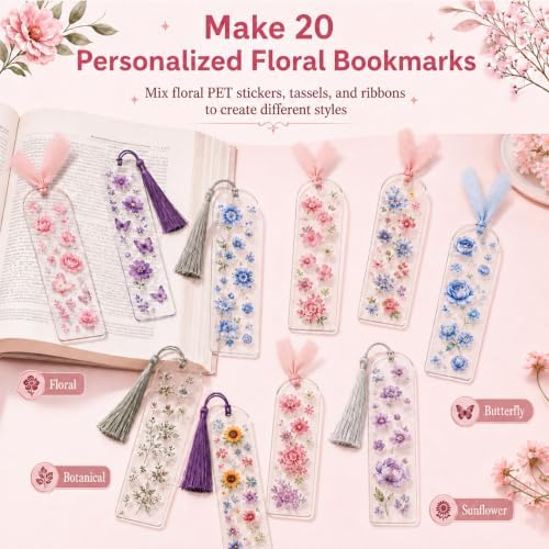DIY Bookmark Making Kit, 20 Clear Acrylic Bookmark Blanks 5.9 x 2 in with PET Floral Bookmark Stickers, Tassels, Ribbons, Gift Bags, Bookish Gifts for Book Lovers, Book Club Crafts, Readers