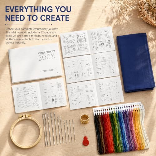 Bekecidi Embroidery Starter Kit for Beginners, Complete Hand Embroidery Kit with Embroidery Book, Patterns & Basic Tools, Easy-to-Use Stitching Kit for Adults & Beginners