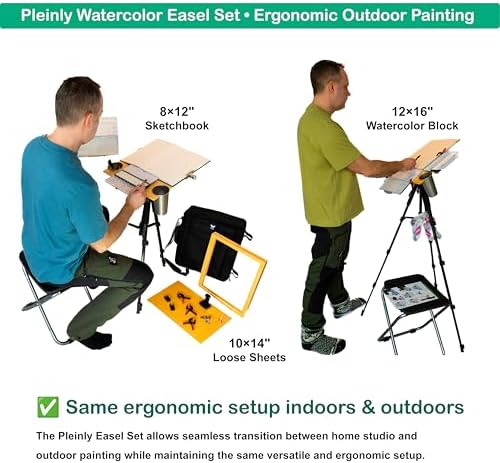 Outdoor Watercolor Easel Set | Portable Plein Air Watercolor Easel System with Studio-Like Ergonomics | 70L Backpack, Tripod, Wet Panel Carrier & Stool | Sketchbook, Palettes, Cups & Clips