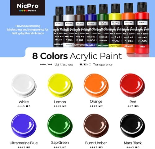 Nicpro 8 Primary Colors Acrylic Paint Set(4 oz, 120 ml), Rich Pigment | Non Toxic Craft Paint for Multi Surface Canvas, Wood, Ceramic, Rock, Fabric, Art Painting Supplies for Beginner Artist Adult