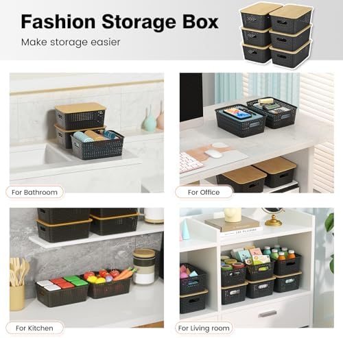 Ohmlove 6 Pack Plastic Storage Baskets with Bamboo Lids for Organization