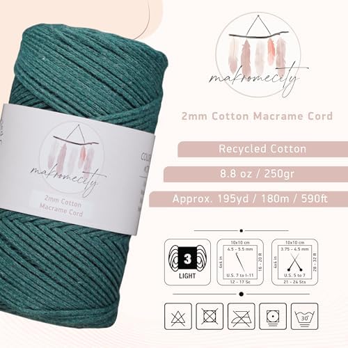 Makromecity, Cotton Macrame Cord 2mm x 195 Yards (590 feet) 2mm Recycled Cotton Crochet Yarn for Macrame Art & Crafts for Wall Hangings, Bags, Underplate, Rug (25 Colors Available) (Forest Green)