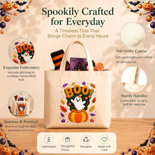 ARTopet Embroidery Tote Bag Kit for Beginners Halloween Canvas Cross Stitch Handbag with Hoops Needles Threads Reusable Grocery Bag for Women-Ghost Pumpkin