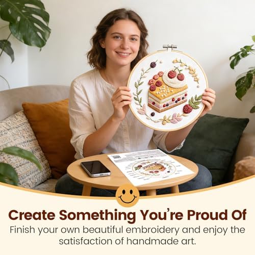 HGEKLIZV Embroidery Kit for Beginners Adults – 4Pcs Pre-Printed Cake & Fruit Patterns, Bamboo Hoop, Threads, Needles, Guide – DIY Hand Embroidery Craft, Home Decor, Gift for Women