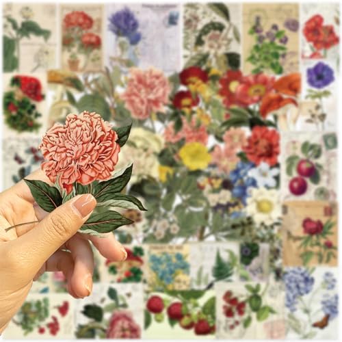50Pcs Vintage Plant Stickers Pack, Aesthetic Flowers Stickers for Scrapbook Journaling Water Bottle Kindle Laptop Skateboard Guitar, Waterproof PET Transparent Sticker