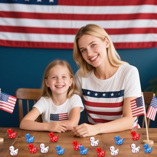 JUNEBRUSHS 50 Pcs Patriotic Ducks Mini Resin Duck 4th of July Tiny Ducks Red White Blue Miniature Ornaments for Vase Filler Jewelry Making DIY Crafts Party Gifts Decorations