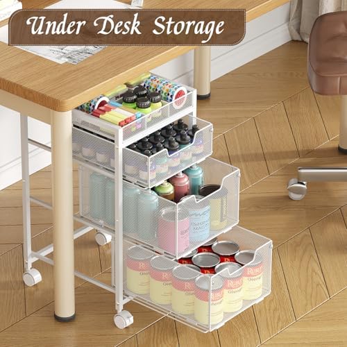 Rolling Utility Cart with 3 Drawers, Craft Organizer and Storage with DIY Divider, Lockable Wheels, Multi-Functional Storage for Art Supplies, Store for Brushes & Paints & Artifacts,White