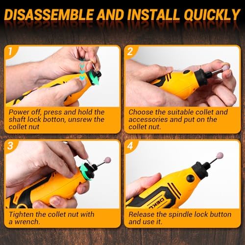 Rotary Tool Kit:DEKOPRO 1.4-Amp Power Hand Rotary Tools with 6 Variable Speed, 127pcs Accessories, 8000~35000RPM Electric Grinder Drill Machine Set with Flex Shaft for Carving, Cutting, Sanding Yellow