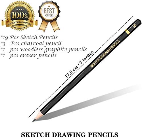 Sketching Pencil Set - 24 Pieces Drawing Sketch Pencil HB,B,2B,3B,4B,5B,6B,7B,8B,10B,12B,14B,H,2H,3H,4H,5H,6H,7H, Includes Charcoal, Eraser, Graphite Pencils for Beginners & Pro Artists