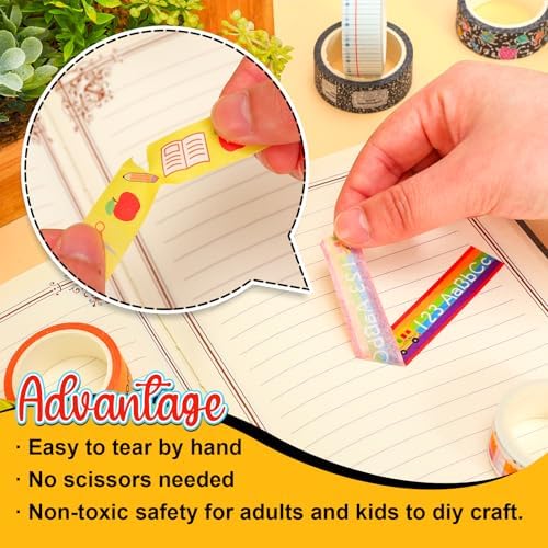 Whaline 12 Rolls Back to School Washi Tape Masking Tape Set Composition Notebook Speckled Pencil Apples Classroom Wrapping Paper Tapes for First Day of School Scrapbook Journal DIY Crafts