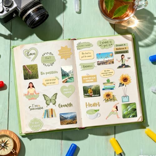 Green Vision Board Stickers - 50 Pcs Travel Planner Waterproof Supplies Kit for Adults Women Girls Forest Tree Inspirational Aesthetic Mental Health Decals for Kindle Book Scrapbooking Journal