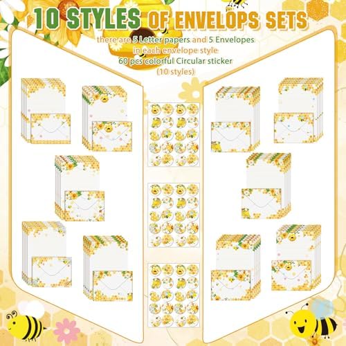 TaoBary 160 Pcs Bee Stationery Paper and Envelopes Set, 5.5 x 8.25''