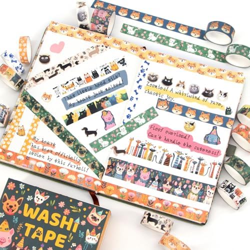 Washi Tape Set 14 Rolls, Cute Animal Decorative Tape, Cats Puppies Pugs Designs Washi Tapes for Scrapbooking Supplies, Journaling Supplies, Crafts