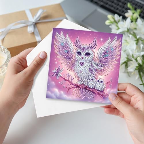 6 Pack Diamond Art Greeting Card Kits with Envelopes, Special Shaped Diamond Painting Cards, DIY Rhinestone Diamond Art Cards for Birthday Christmas Mother Day (Owl Mother and Owlet, 30x15cm)