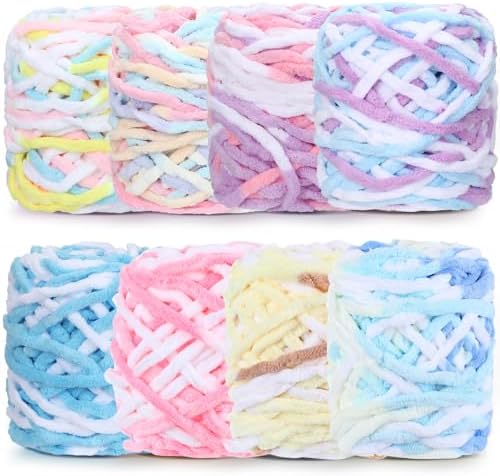 Buryeah Chunky Chenille Yarn for Crocheting(Macaron Colors, 8 Pack)
