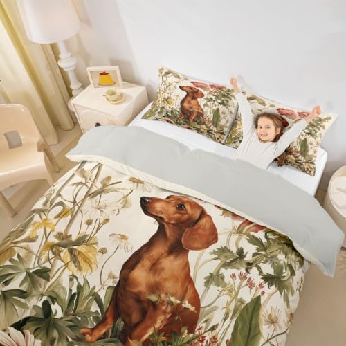 Erosebridal Dachshund Duvet Cover Full Size Wildflowers Bedding Set for Kids Boys Girls Animal Vintage Botanical Comforter Cover Watercolor Style Bedclothes Room Decor