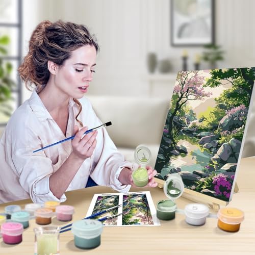 JOOZ Paint by Numbers Kit for Adults with Frame, Landscape Paint by Number Canvas, Mountain Paint by Numbers with Easel, DIY Flowers Scenery Oil Painting Kit for Home Wall Decor 8 x 12 Inch