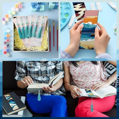 Kosiz 12 Pcs Mountain Paint by Number Kit for Adult Wood Bookmark | Mini Paint by Numbers Kit, Painting Decor, Tassels Blank Bookmarks, for Small DIY Craft Book Lovers Gift 7x2 ''