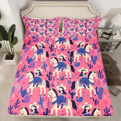 Manfei Cartoon Cowgirl Sheet Set Cactus Desert Plant Bedding Set Boho Style Western Horse Bed Sheets Teens Room Decor Navy Blue Pink (King Flat & Fitted Sheet with 2 Pillow Case)