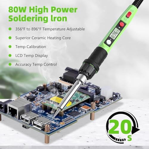 Soldering Iron Kit, 80W 110V LCD Digital Solder Iron Pen with Ceramic Heater, Portable Welding Tools with 5pcs Tips, Stand, Solders Wire, Sponge, Paste, for Metal,Electric Repairs, DIY, Green