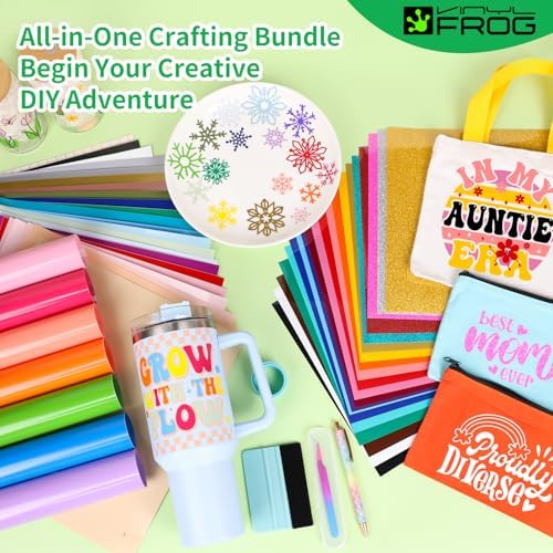 VINYL FROG 60PCS Accessories Bundle for Cricut Maker and All Explore Air, Ultimate Tools with Permanent Adhesive Vinyl, HTV Vinyl, Cutting Mat, Weeding Tools, Scrape