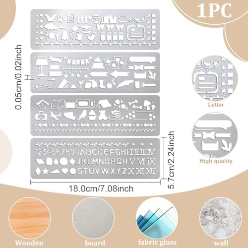 UNICRAFTALE 4Pcs Metal Stencils for Wood Burning Mixed Patterns Stencils Stainless Steel Reusable Templates Alphabet and Number Bookmark Ruler School Supplies for DIY Engraving Painting Scrapbooking