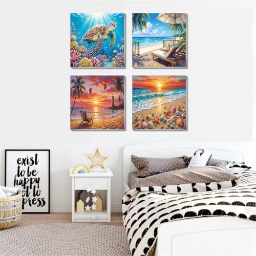 4 Pack Framed Paint By Numbers Kit for Adults, Beach Paint By Number Kits