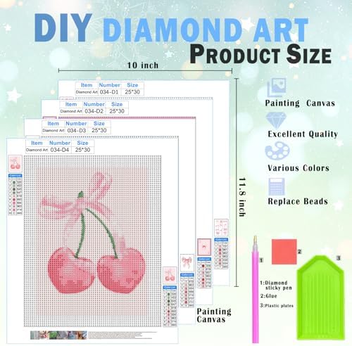 XUNLURY Pink Coquette Bow Diamond Art Kits 4 Pcs, Preppy Girly Pink Bow Ace Cherry Diamond Painting Kits for Adults Girls Beginners, Full Drill Diamonds Dots for Home Decor, 9.8x11.8 Inch