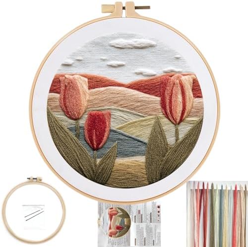 FONNUY Embroidery Kit for Beginners, Tulips Flowers Pre-Stamped Pattern Kits for Adults with Hoop, Easy to Follow Color Thread Needlework, 8'' Hoop (Orange)