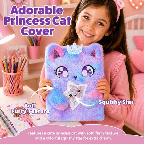 VOTUM Cat Princess Furry Sketchbook for Girls, 8x11 Plush Notebook with Crown & Star Charm, Soft Fluffy Journal & Diary for Drawing, Writing, Birthday, Christmas for Girls