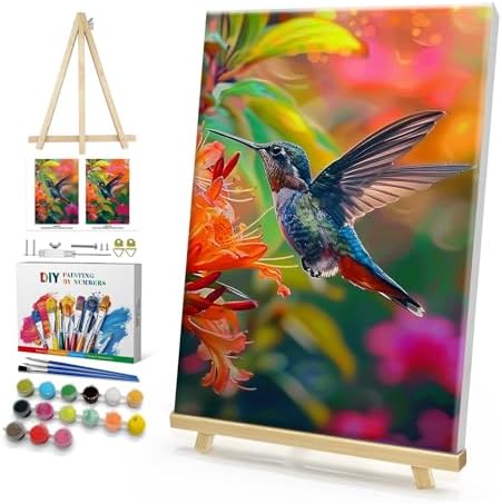 HeeBenor Framed Paint by Numbers Kit for Adults, Hummingbird Paint by Numbers Kit for Adults with Easel, DIY Flower Bird Paint by Number with Frame, Adult Paint by Number Kits Framed Canvas 8x12 Inch