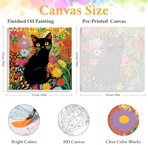 Framed Paint by Numbers Kit for Adults, Black Cat & Flower Decor 10x10 Inch