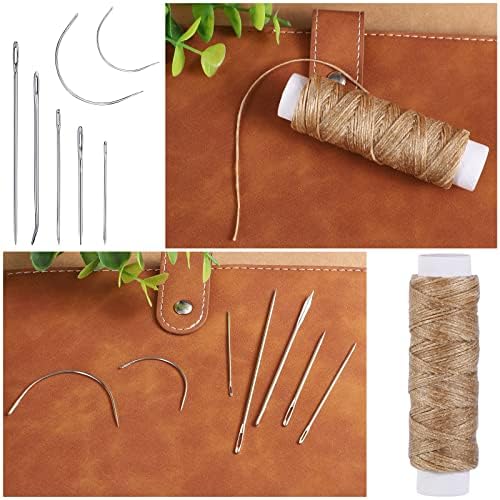55 Yards Waxed Thread and 7 Leather Needles Set for Hand Sewing, Khaki