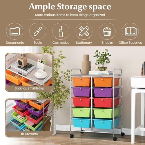 LDAILY 10 Drawer Rolling Cart, Storage Cart Organizer on Wheels, Drawer Cart with Metal Frame & Large Storage Capacity, Rolling Cart with Drawers for Living Room Classroom, Office
