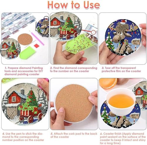 ijbnhd 8 PCS Christmas Diamond Art Coasters Kit 4X4inch (Cork Wooden Pad)
