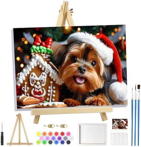 MOGTAA Christmas Paint by Numbers Kit for Adults Beginners with Frame, Christmas Dog Adult Paint by Number Kits on Canvas with Easel, Easy DIY Animal Oil Painting Kits for Home Decor, 8x12in